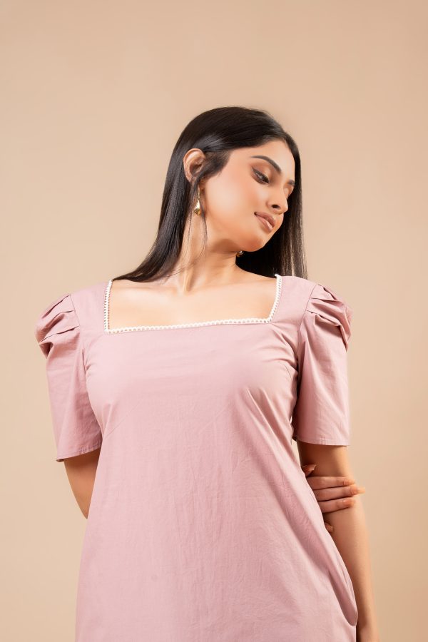 Lace Neckline Detail Puff Sleeve Midi Dress - Image 2