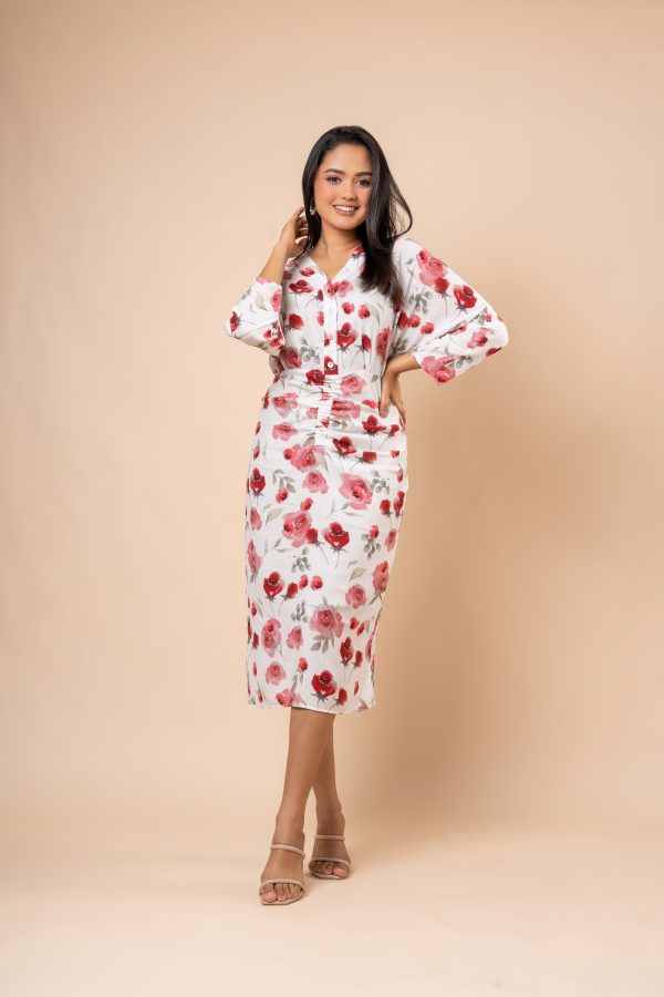Rose Patterned Front Ruching Detail Midi Dress - Image 4
