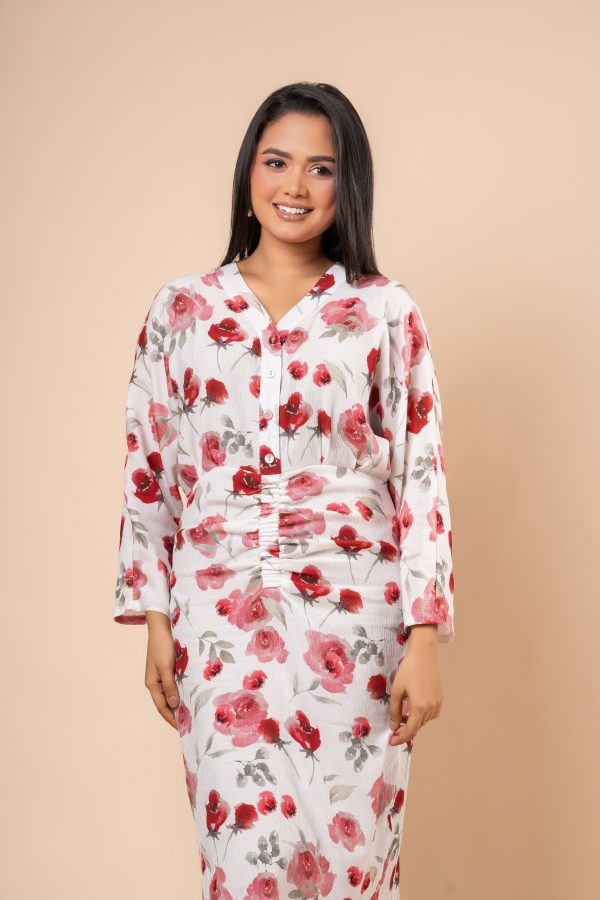 Rose Patterned Front Ruching Detail Midi Dress - Image 2