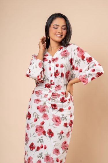 Rose Patterned Front Ruching Detail Midi Dress