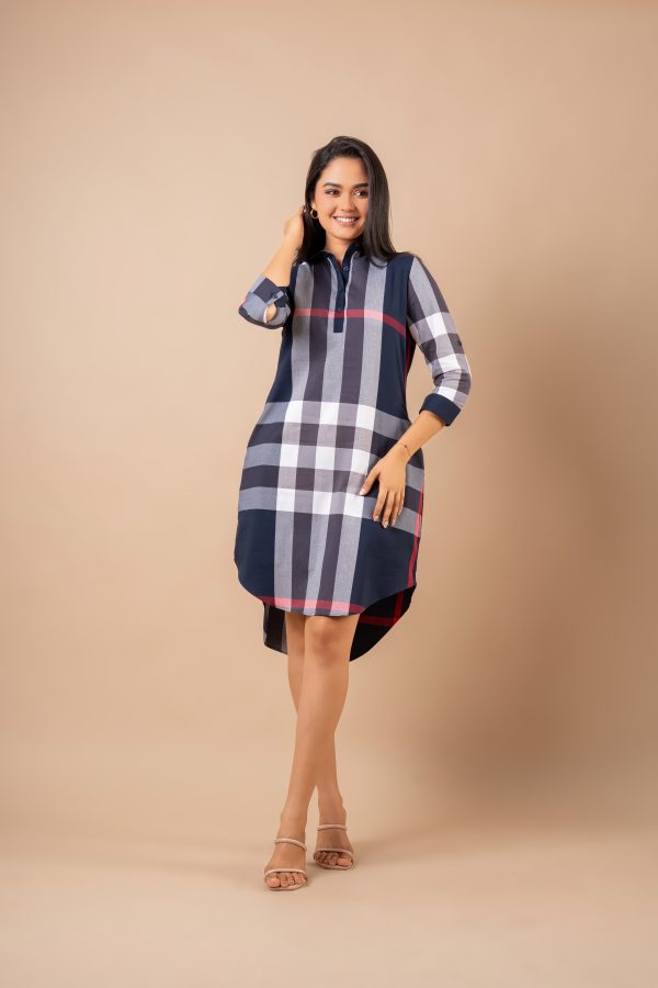High-Low Detailed Gingham Short Shirt Dress - Image 4
