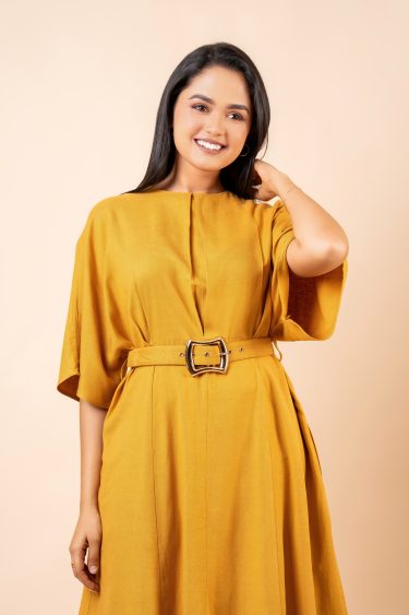Belt Detailed Maggie Sleeved Midi Dress