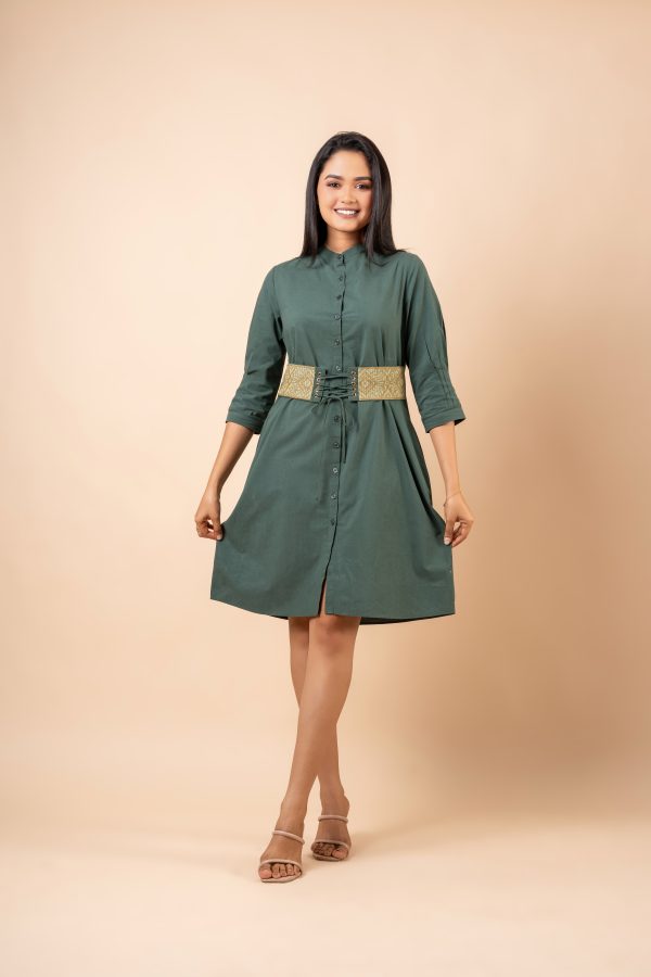 Belt Embroidered Cord Tie-Up Short Dress - Image 3
