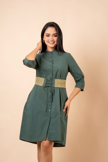 Belt Embroidered Cord Tie-Up Short Dress