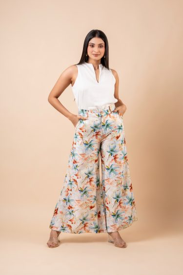 Floral Patterned Casual Wide Leg Pant