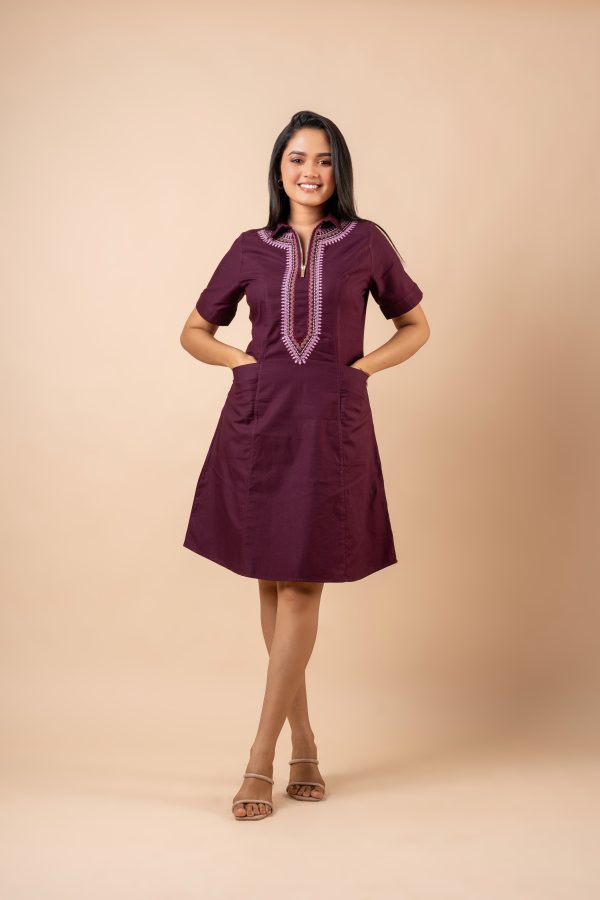 Embroidered Front Zipper Detail Short Dress - Image 3