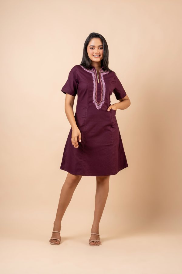 Embroidered Front Zipper Detail Short Dress - Image 4