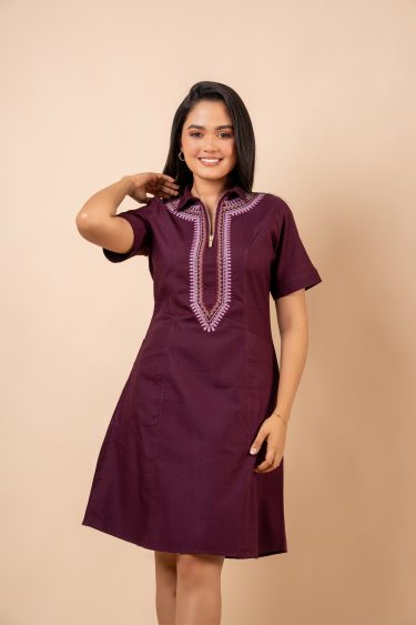 Embroidered Front Zipper Detail Short Dress