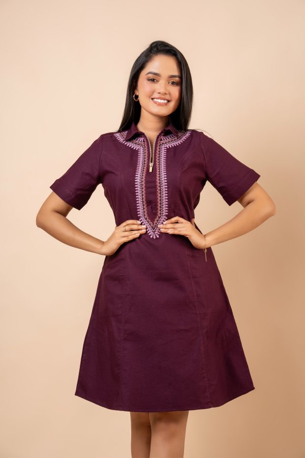 Embroidered Front Zipper Detail Short Dress - Image 2