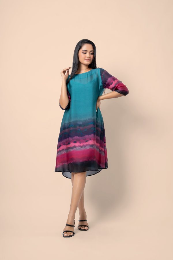 Watercolour patterned Round Neck Short Dress - Image 5