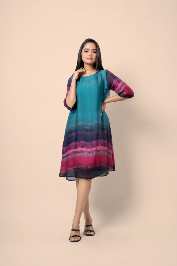 Watercolour patterned Round Neck Short Dress - Image 4