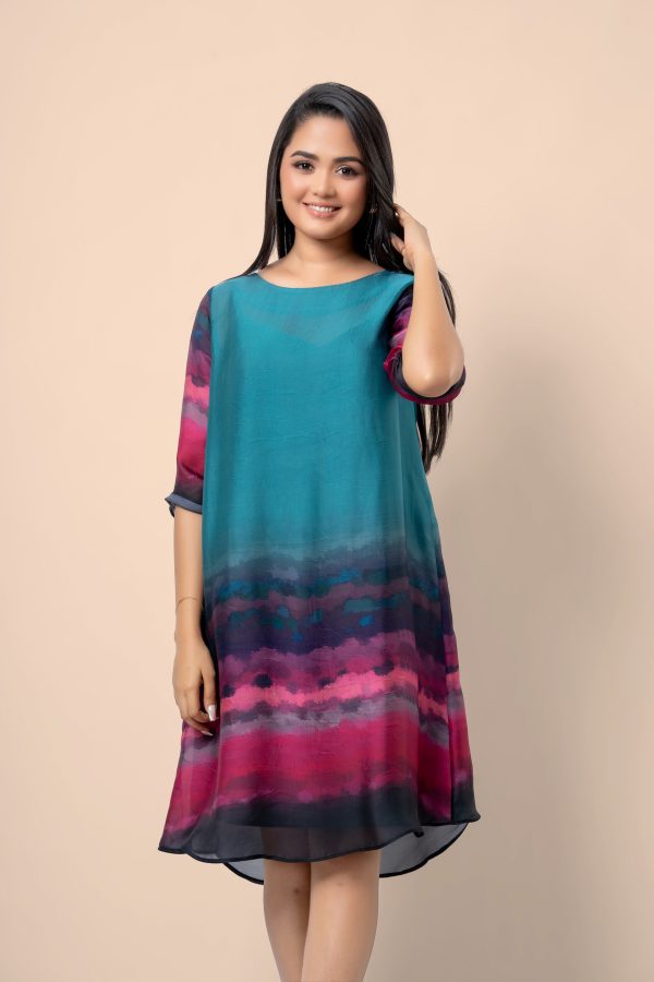 Watercolour patterned Round Neck Short Dress - Image 2