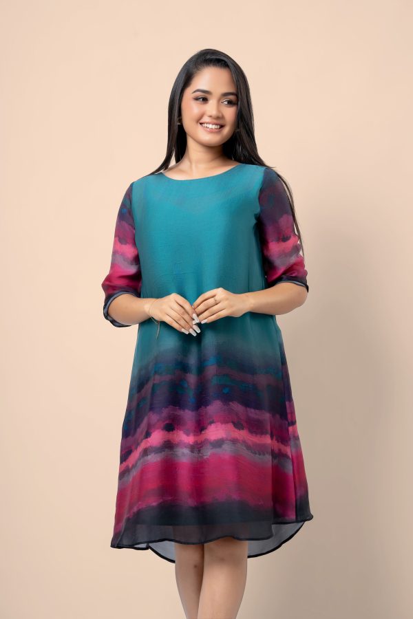 Watercolour patterned Round Neck Short Dress - Image 3