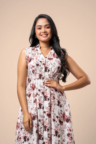 Floral Patterned Sleeveless Button-Down Midi Dress