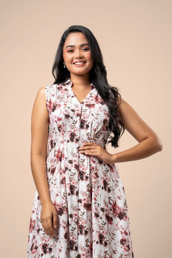 Floral Patterned Sleeveless Button-Down Midi Dress