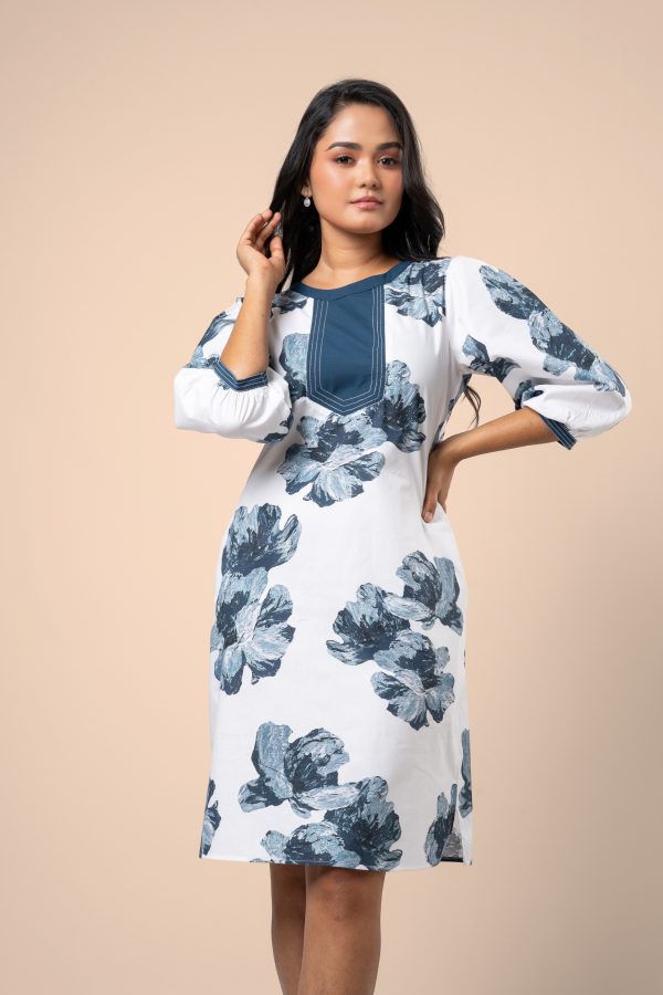 Floral Patterned Contrast Thread Detail Short Dress - Image 2