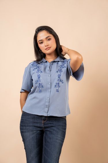 Floral Embroidered Button Down Shirt Blouse