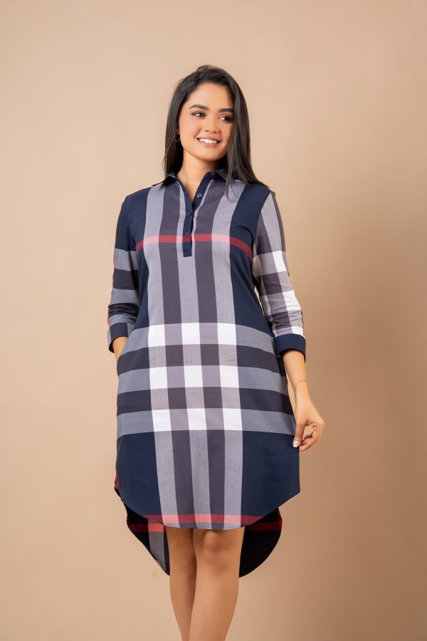 High-Low Detailed Gingham Short Shirt Dress - Image 2