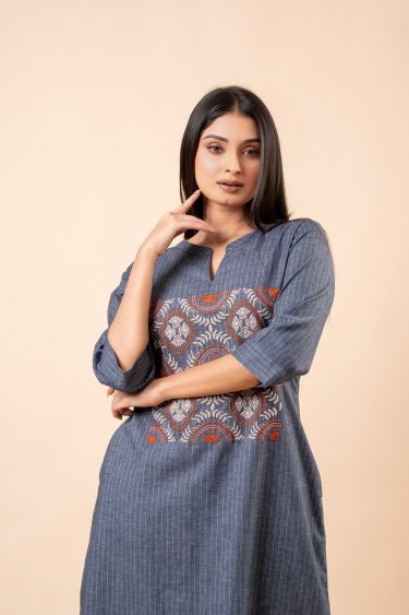 Geometric Floral Embroidered Striped Midi Dress