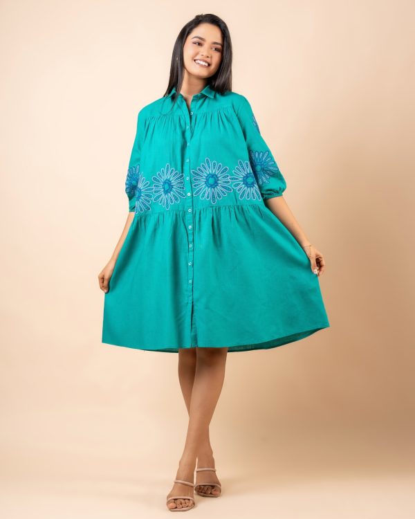 Front Gathered Embroidery Short Dress - Image 5