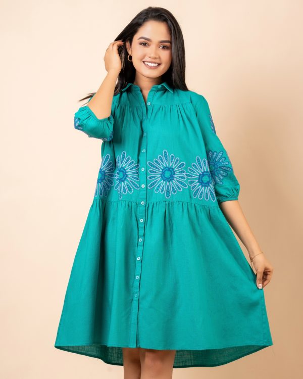 Front Gathered Embroidery Short Dress - Image 2