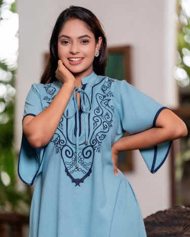 Contrast Embroidery Detail Maggie Sleeve Maxi Dress