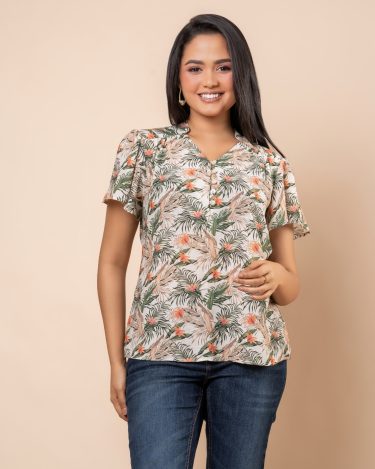 Tropical Patterned Shoulder Gather Detail Top