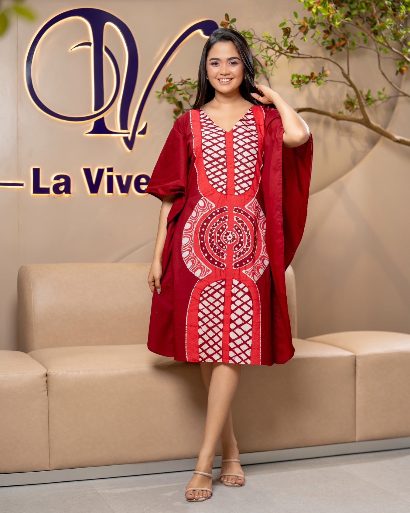 Geometric Patterned Batik Kaftan Short Dress - Image 3