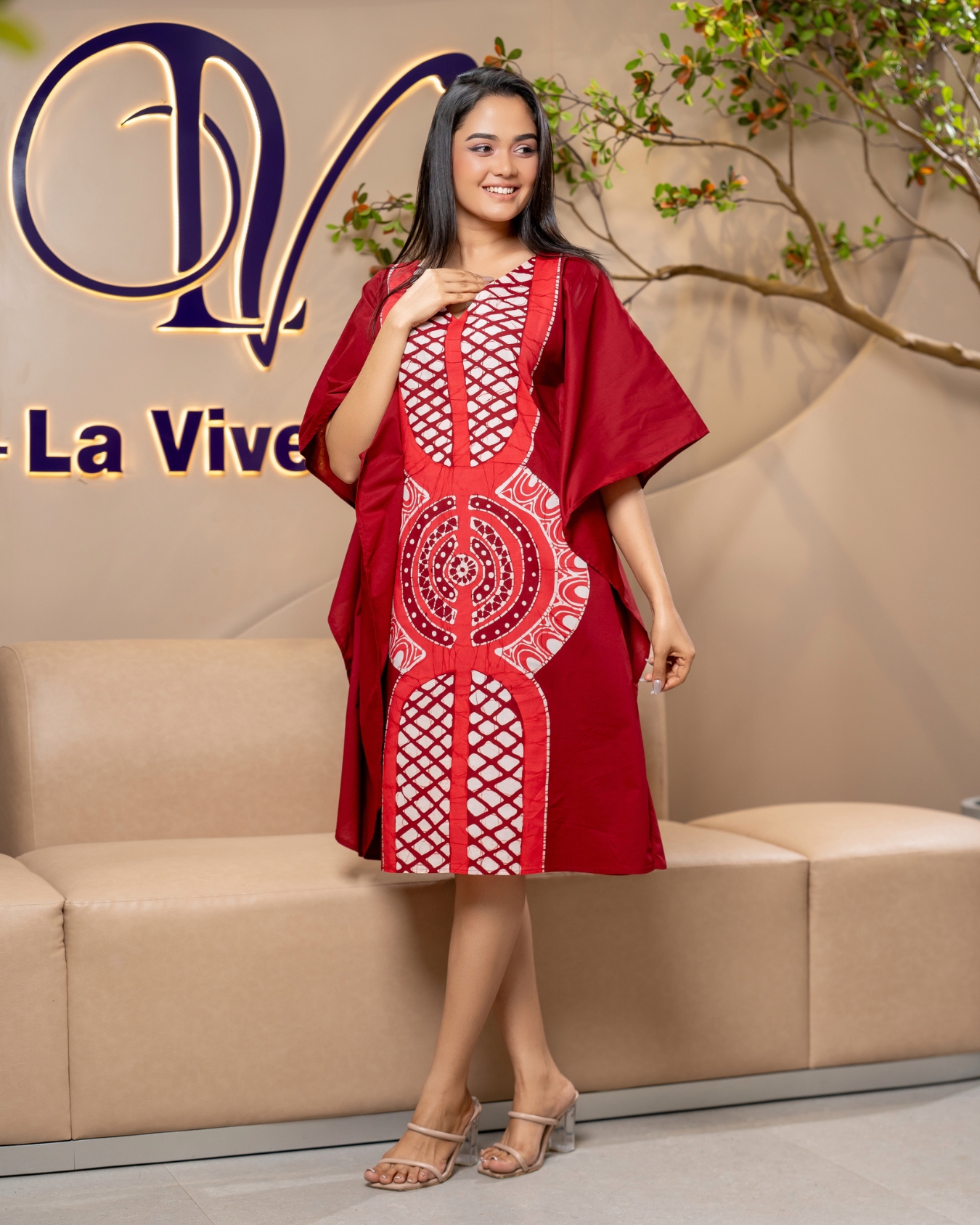 Geometric Patterned Batik Kaftan Short Dress - Image 4