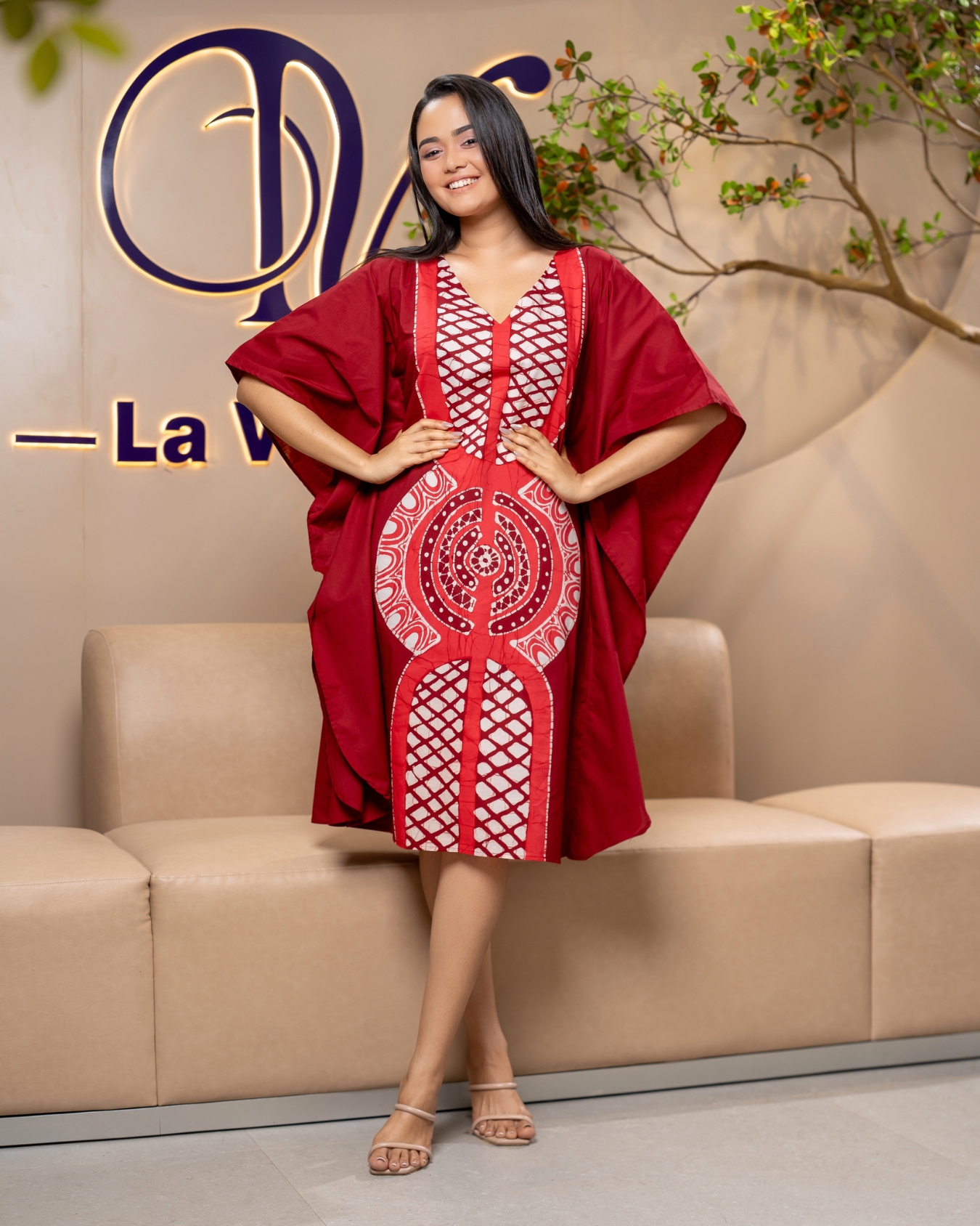 Geometric Patterned Batik Kaftan Short Dress - Image 5
