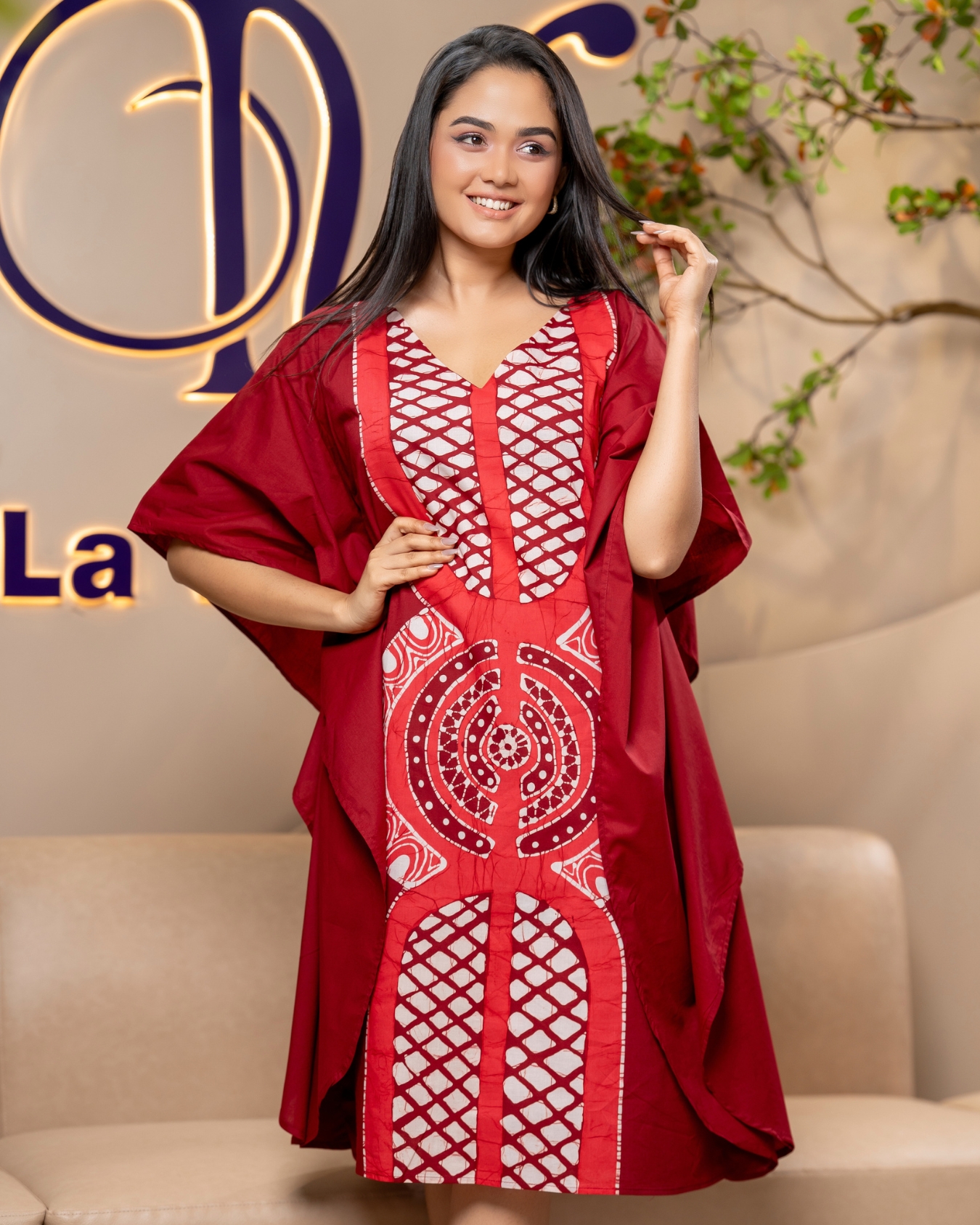 Geometric Patterned Batik Kaftan Short Dress - Image 2