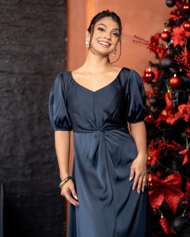 Waist Twist Detail Puff Sleeve Maxi Dress