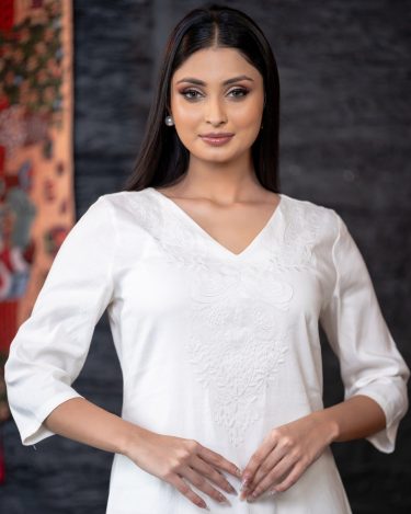 White-On-White Embroidery Detail V-Neck Maxi Dress