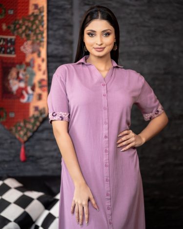 Cuff Embroidery Detail Midi Shirt Dress