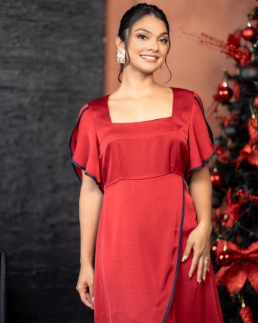 Petal Sleeve Piping Detail High-Low Midi Dress