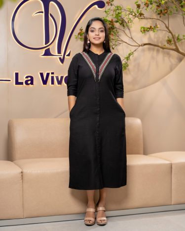 Geometric Embroidery Detail Button-Down Midi Dress