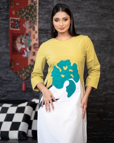 Floral Applique Detail Colourblock Midi Dress