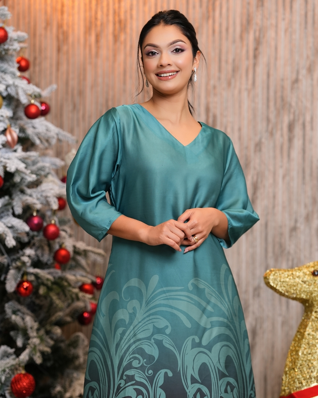 Damask Patterned Puff Sleeve Midi Dress - Image 2