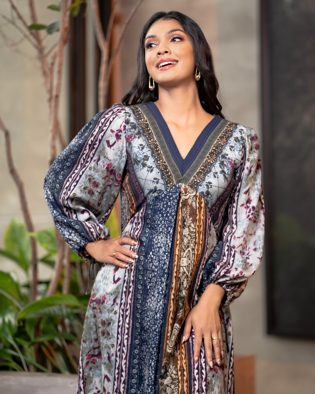 Geo-Floral Patterned Empire Lined Maxi Dress - Image 2