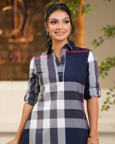 High-Low Detailed Gingham Short Shirt Dress