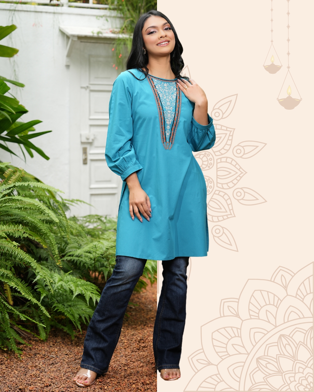 Round Neck Embroidery Gathered Sleeve Detail Kurta Top - Image 5