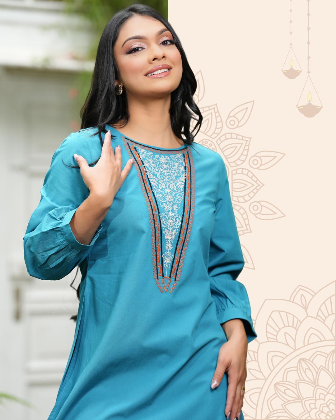 Round Neck Embroidery Gathered Sleeve Detail Kurta Top - Image 6