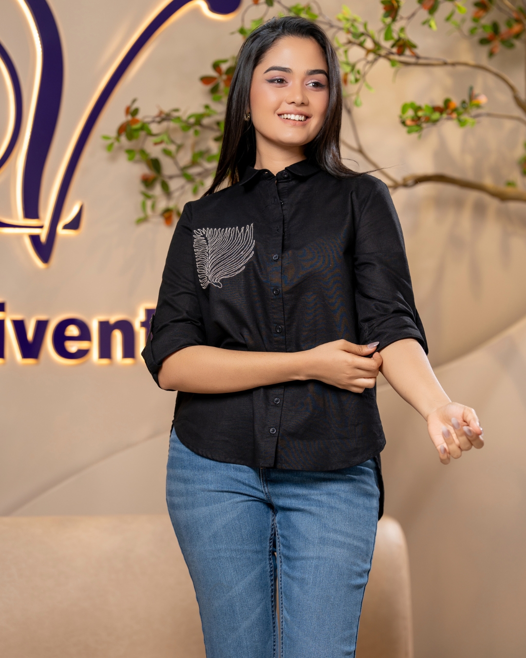 Feather Embroidery Detail Shirt Blouse - Image 2