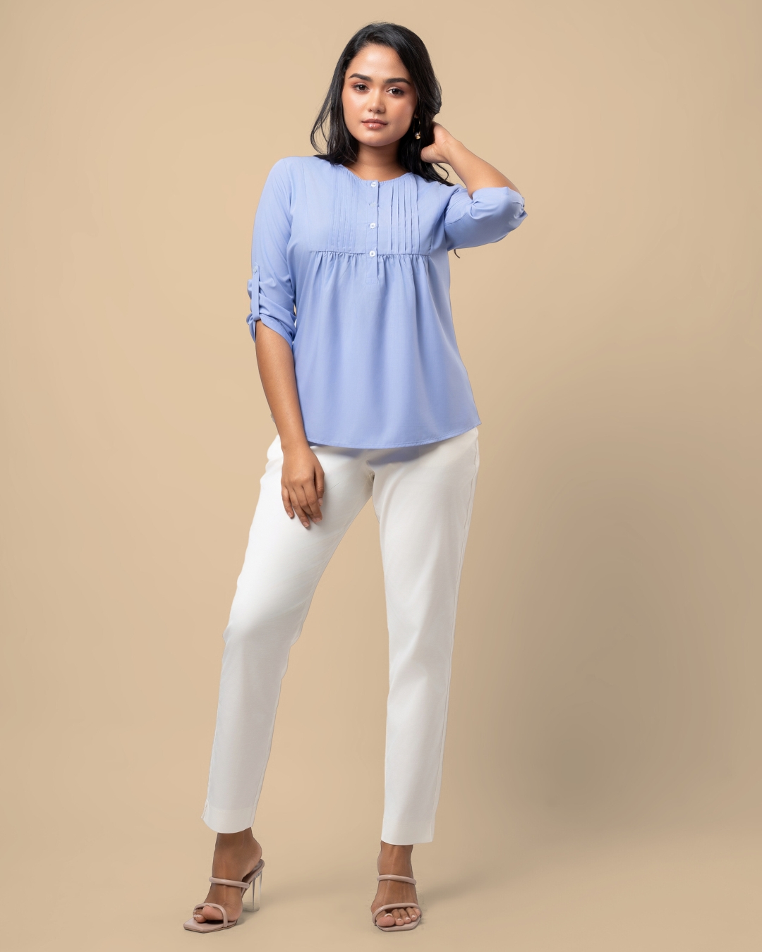 Pintuck Detail Half Button-Down Blouse - Image 5