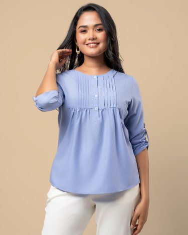 Pintuck Detail Half Button-Down Blouse