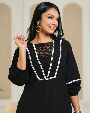 Lace Detail Puff Sleeve Midi Dress