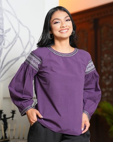 Embroidered Raglan Puff Sleeve