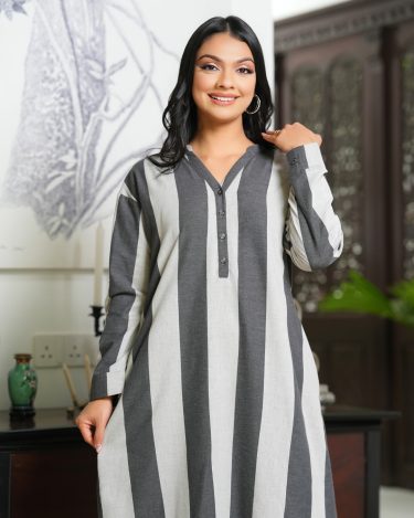 Stripe Patterned Half Button-Down Midi Dress