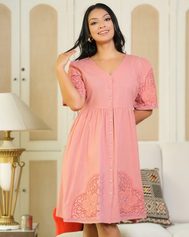 Embroidery Button Down Short Dress