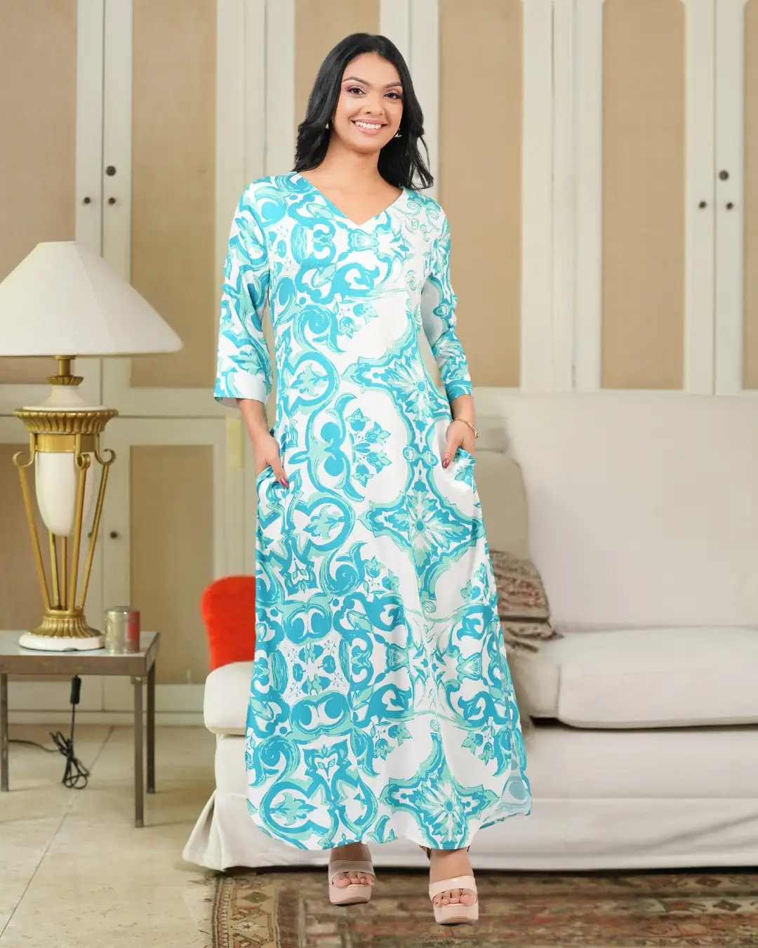 Geometric Patterned V-Neck Maxi Dress - Image 2
